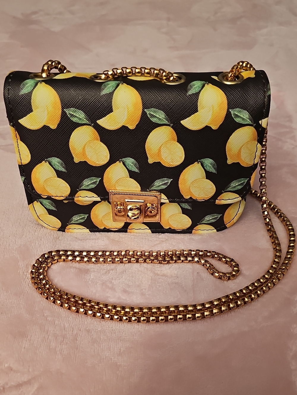 Black Lemon-Print Crossbody Bag with Gold Chain Strap -1 Free Bag Charm Included